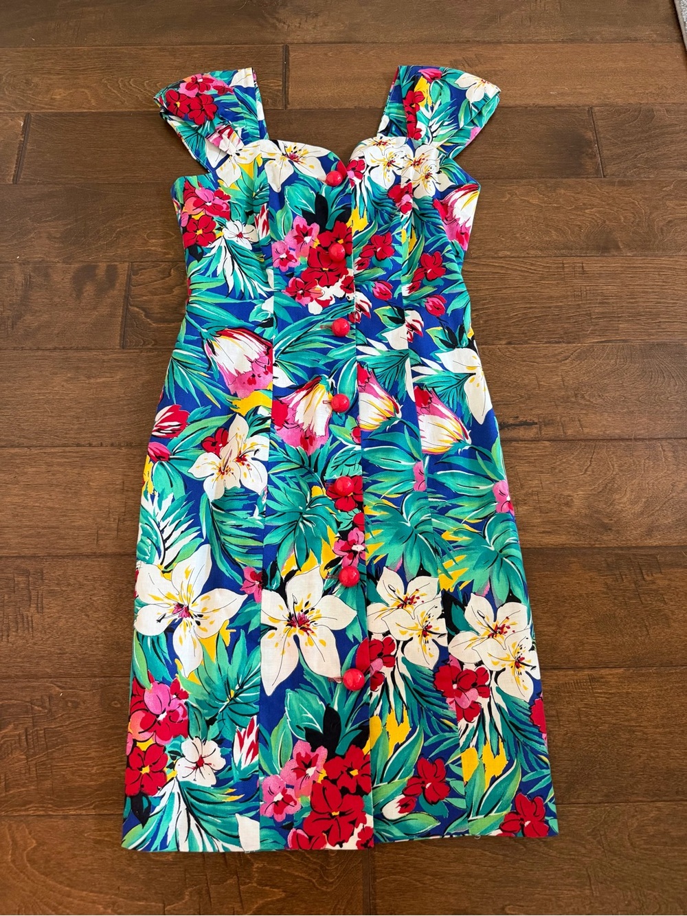 Vintage Leslie Lucks Floral Retro Pin Up Dress - RARE
